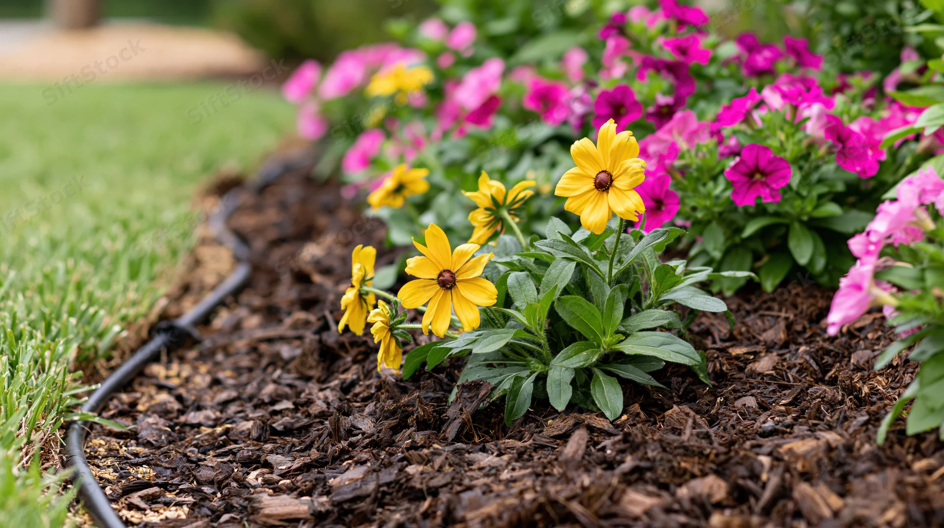 Yellow and pink flowers blooming in a mulched garden bed beside a lawn with drip irrigation tubing