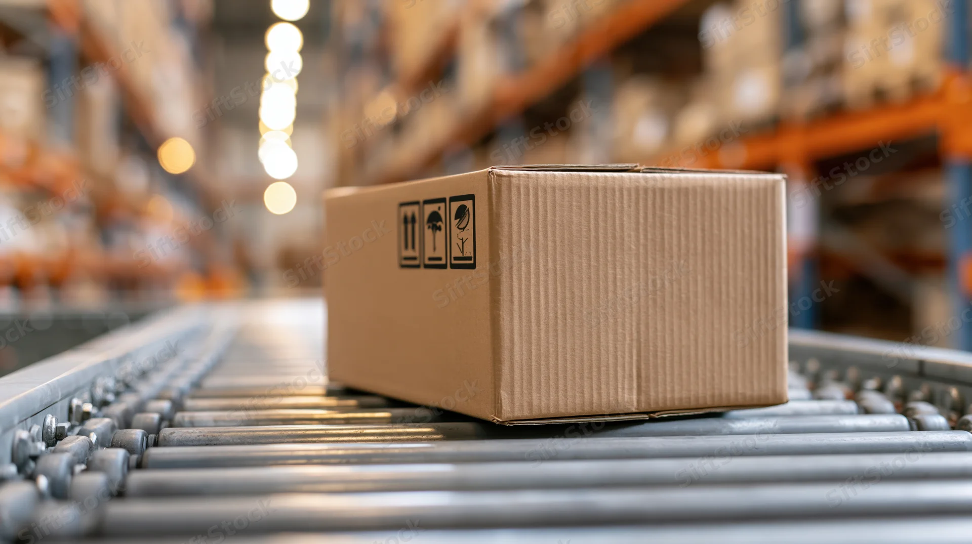 Cardboard box moving on conveyor belt in warehouse