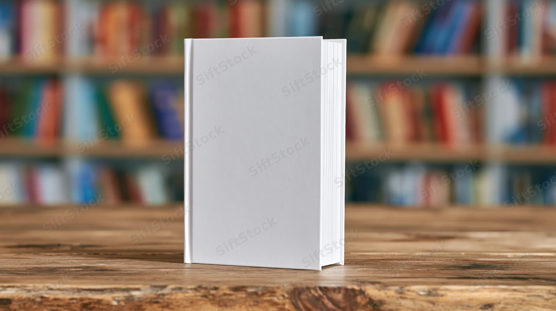 Blank white hardcover book standing upright on wooden table in front of bookshelf