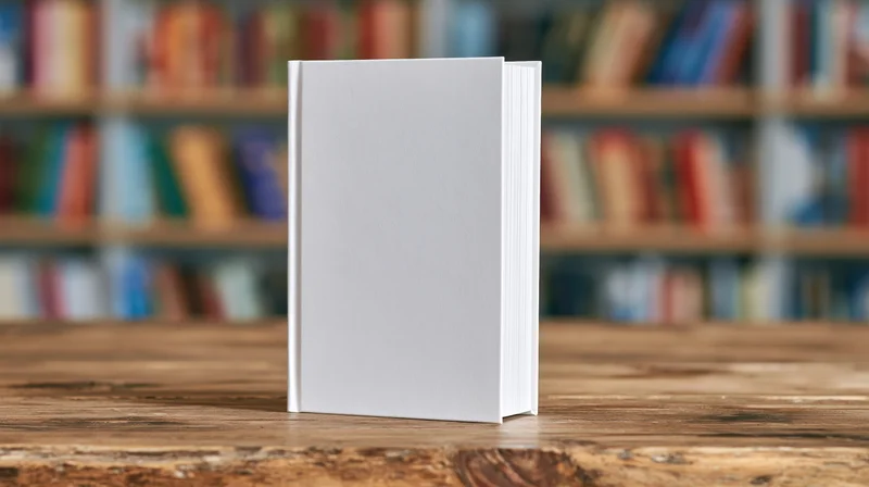 Blank white hardcover book standing upright on wooden table in front of bookshelf