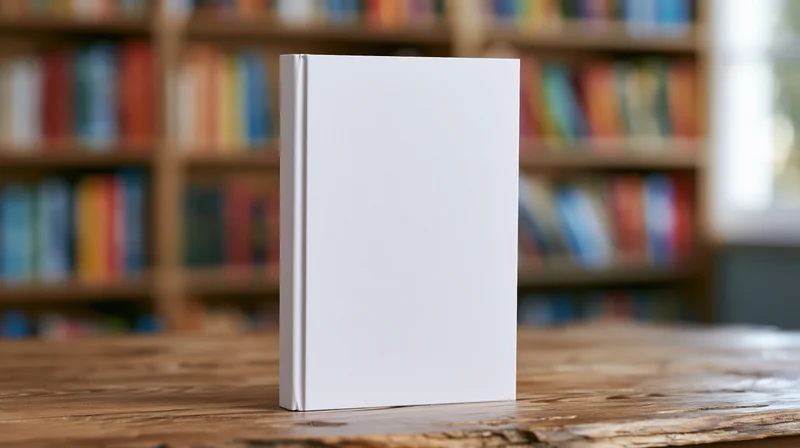 Blank white hardcover book standing upright on wooden table in front of bookshelf