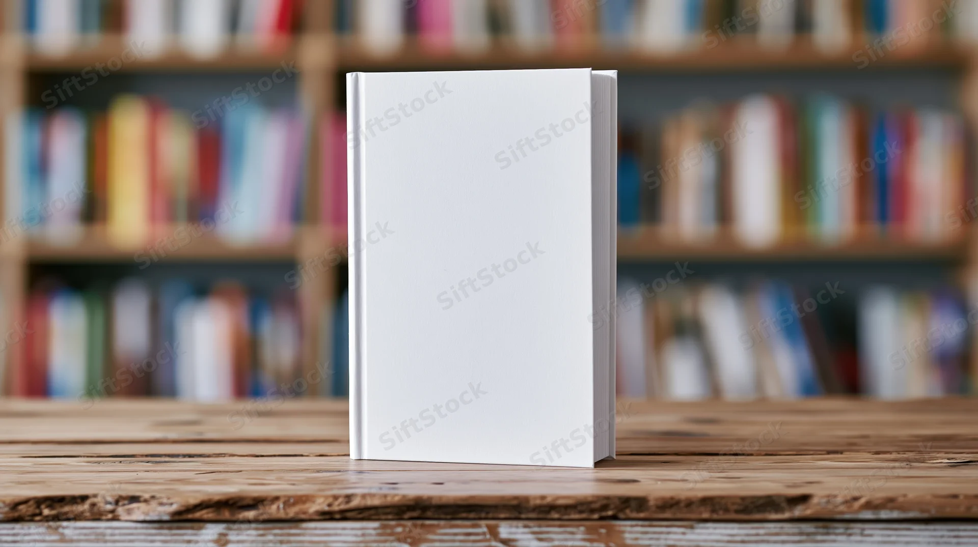 Blank white hardcover book standing upright on wooden table in front of bookshelf background