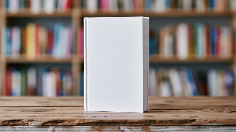 Blank white hardcover book standing upright on wooden table in front of bookshelf background