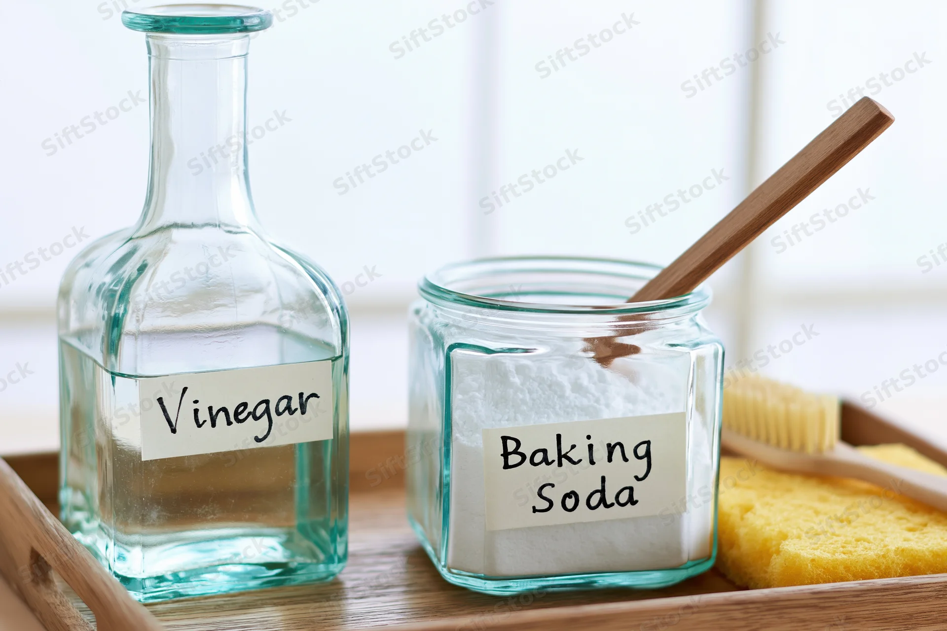 Vinegar and baking soda in labeled glass containers on a wooden tray with cleaning tools nearby