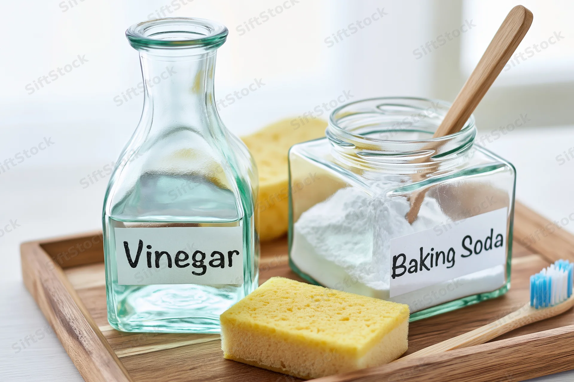 Vinegar and baking soda on a wooden tray with sponge and toothbrush for household cleaning