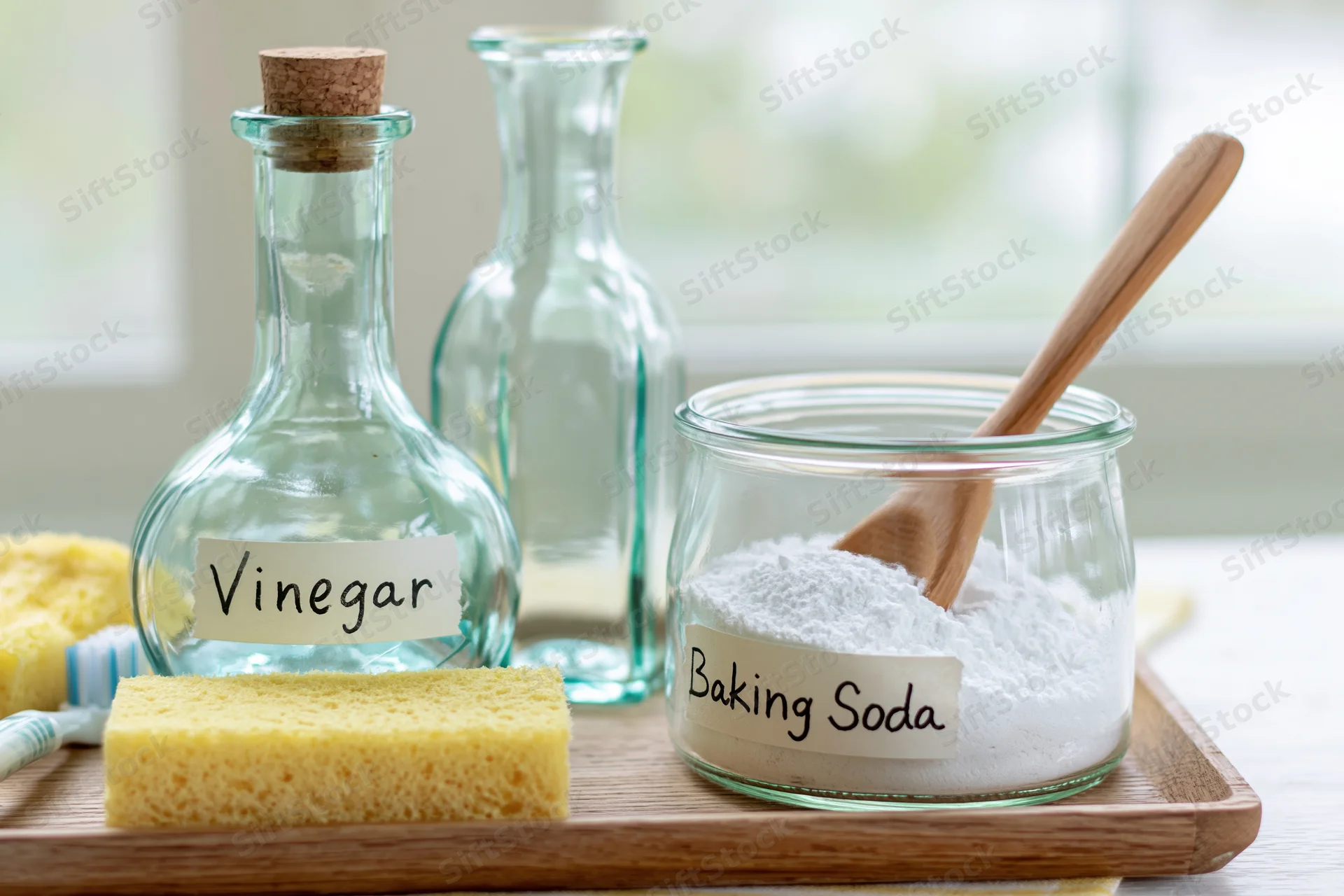 Baking soda and vinegar cleaning supplies arranged on a wooden tray with sponge and spoon on a kitchen countertop