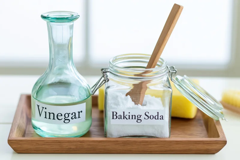 Vinegar and baking soda on a wooden tray in a kitchen setting