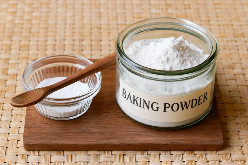Baking powder in a labeled glass jar with a small bowl and wooden spoon on a wooden board over a woven mat