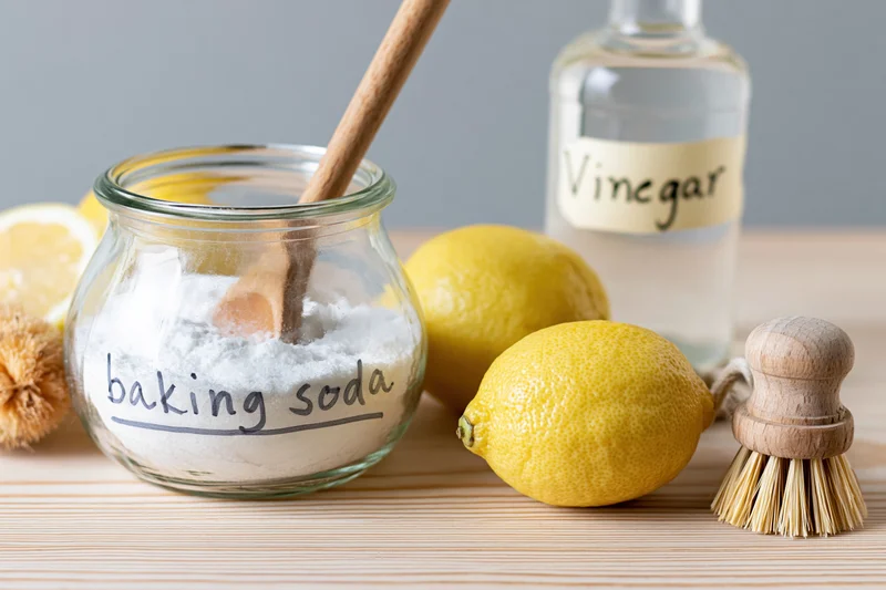 Baking soda in a glass jar with wooden spoon beside lemons and vinegar bottle on wooden surface