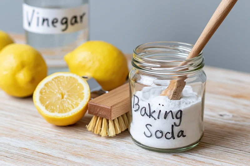 Baking soda in a glass jar with wooden spoon beside lemons and vinegar on a wooden countertop