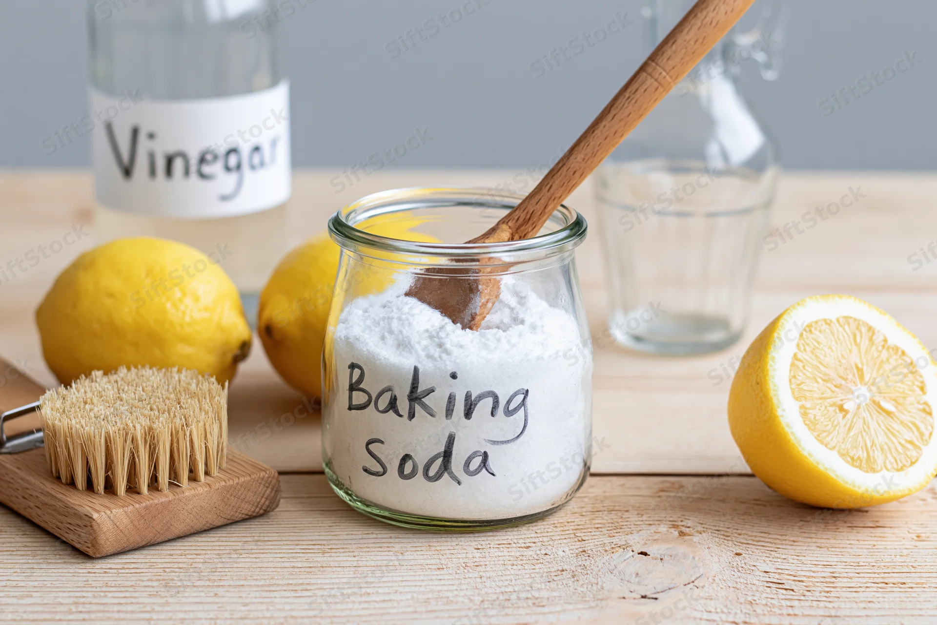 Baking soda in a glass jar with wooden spoon, lemons and vinegar on a wooden countertop for natural cleaning