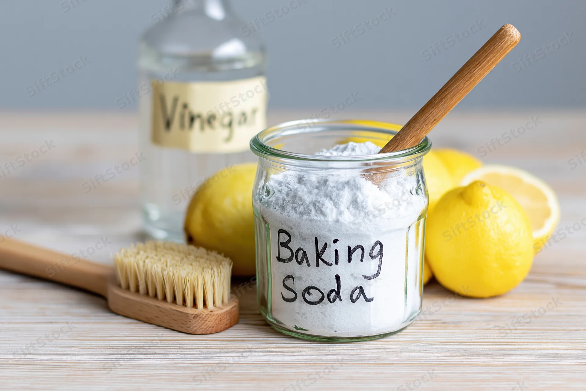 Baking soda in a glass jar with wooden spoon, vinegar bottle and lemons on a wooden countertop, cleaning supplies arranged for household use