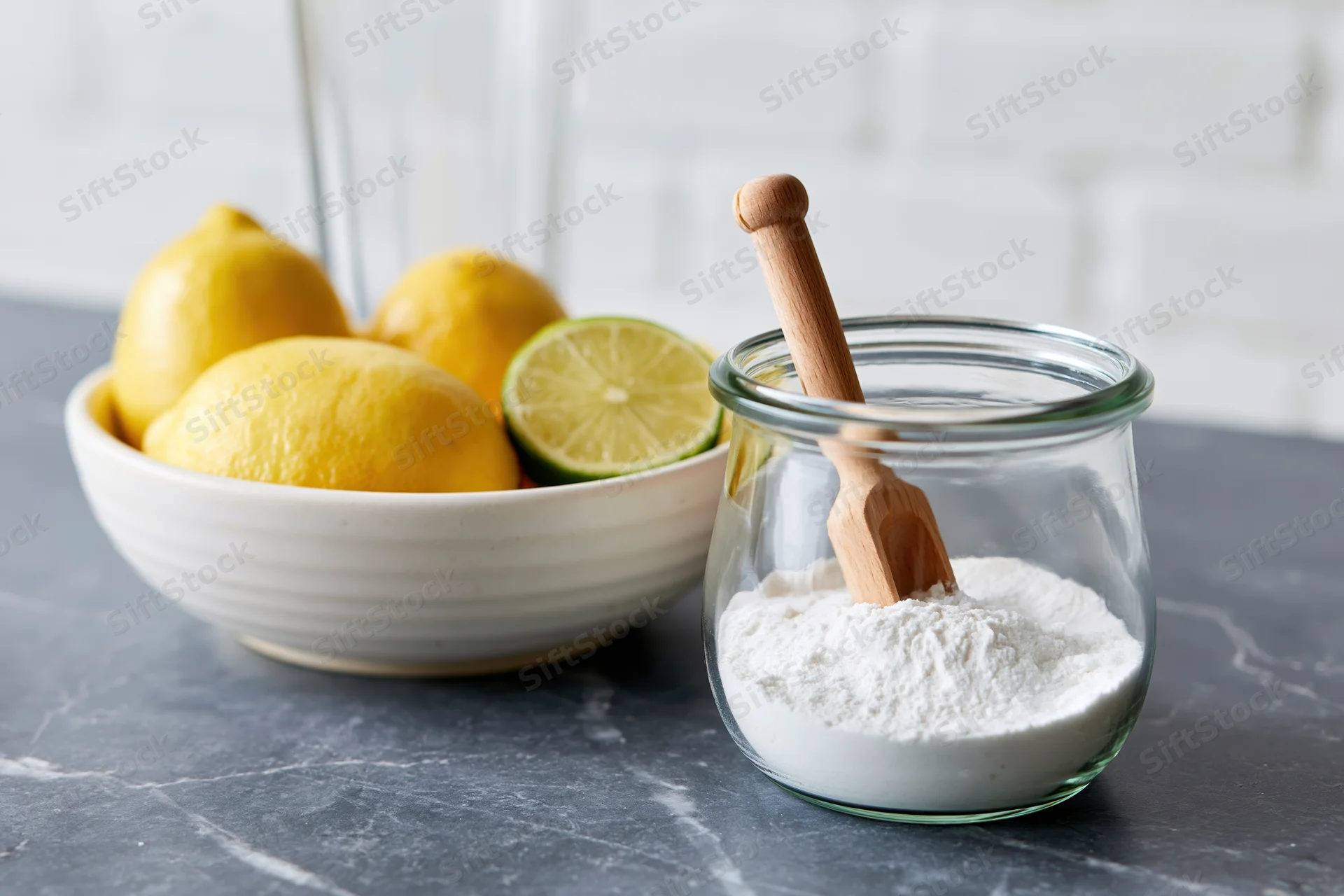 Lemons and limes in a white bowl beside a glass jar of flour with a wooden spoon on a dark countertop