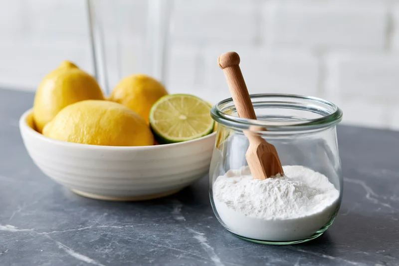 Lemons and limes in a white bowl beside a glass jar of flour with a wooden spoon on a dark countertop