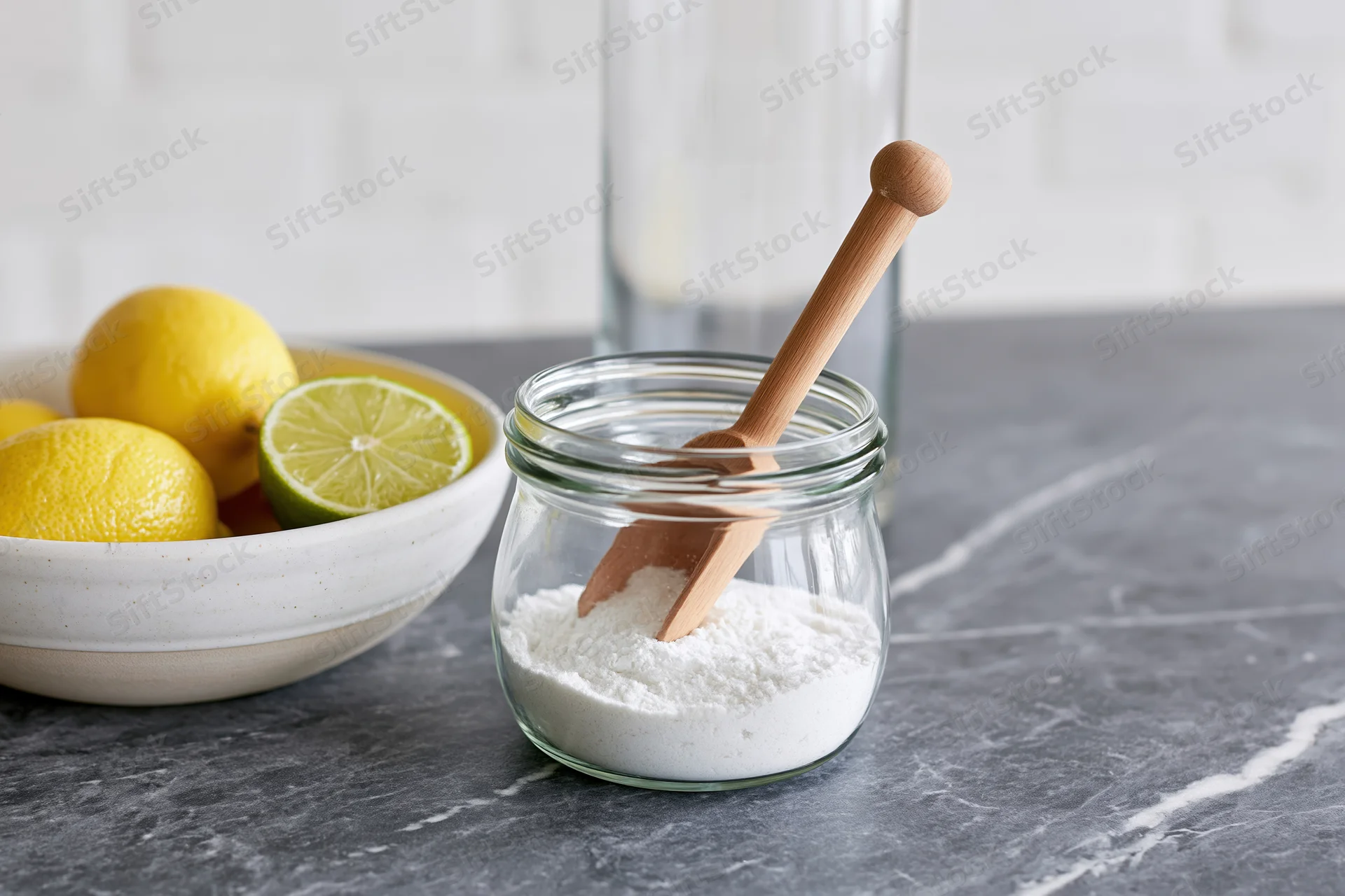 Glass jar filled with white flour and wooden spoon on marble countertop beside bowl of lemons and limes
