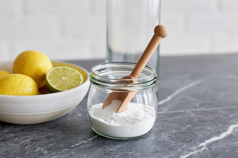 Glass jar filled with white flour and wooden spoon on marble countertop beside bowl of lemons and limes