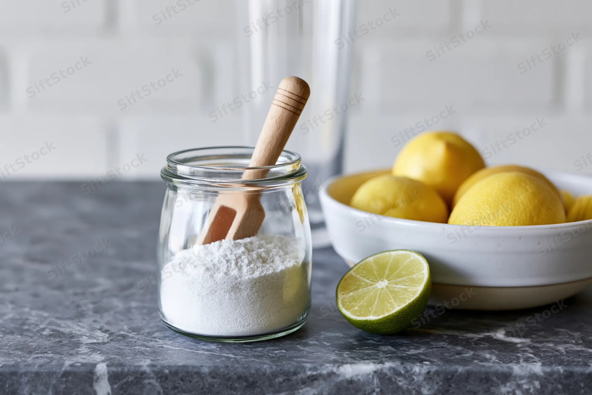 Lemons and lime on a kitchen countertop with a jar of powder and wooden spoon