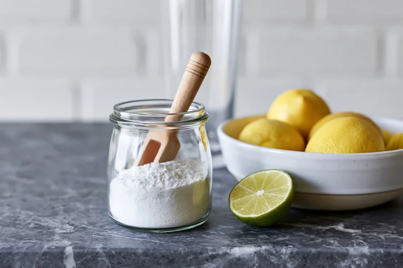 Lemons and lime on a kitchen countertop with a jar of powder and wooden spoon