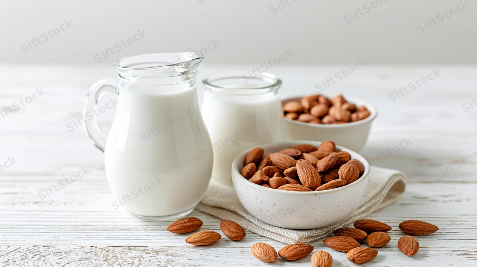 Almond milk in glass pitcher and jar beside bowls of almonds on white wooden table