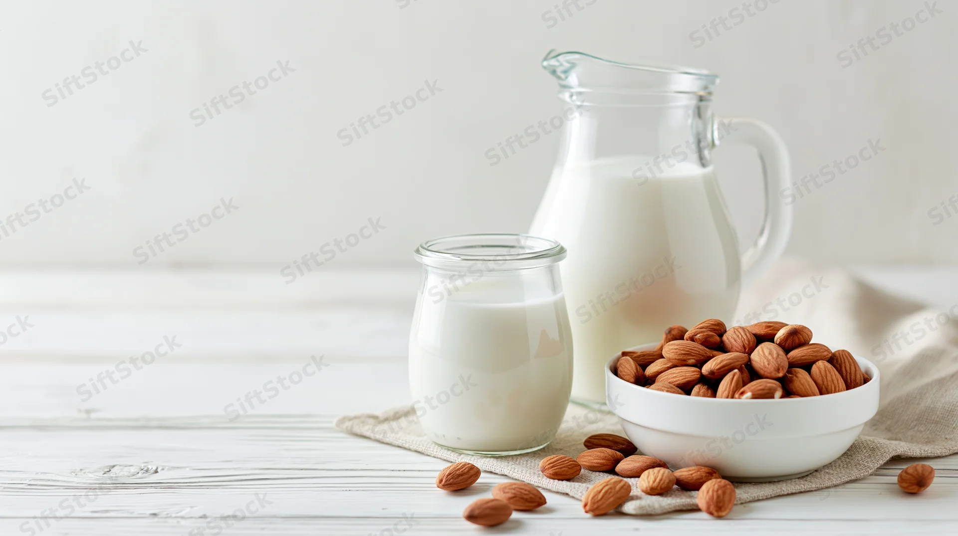 Almond milk in glass pitcher and jar beside bowl of almonds on white wooden table