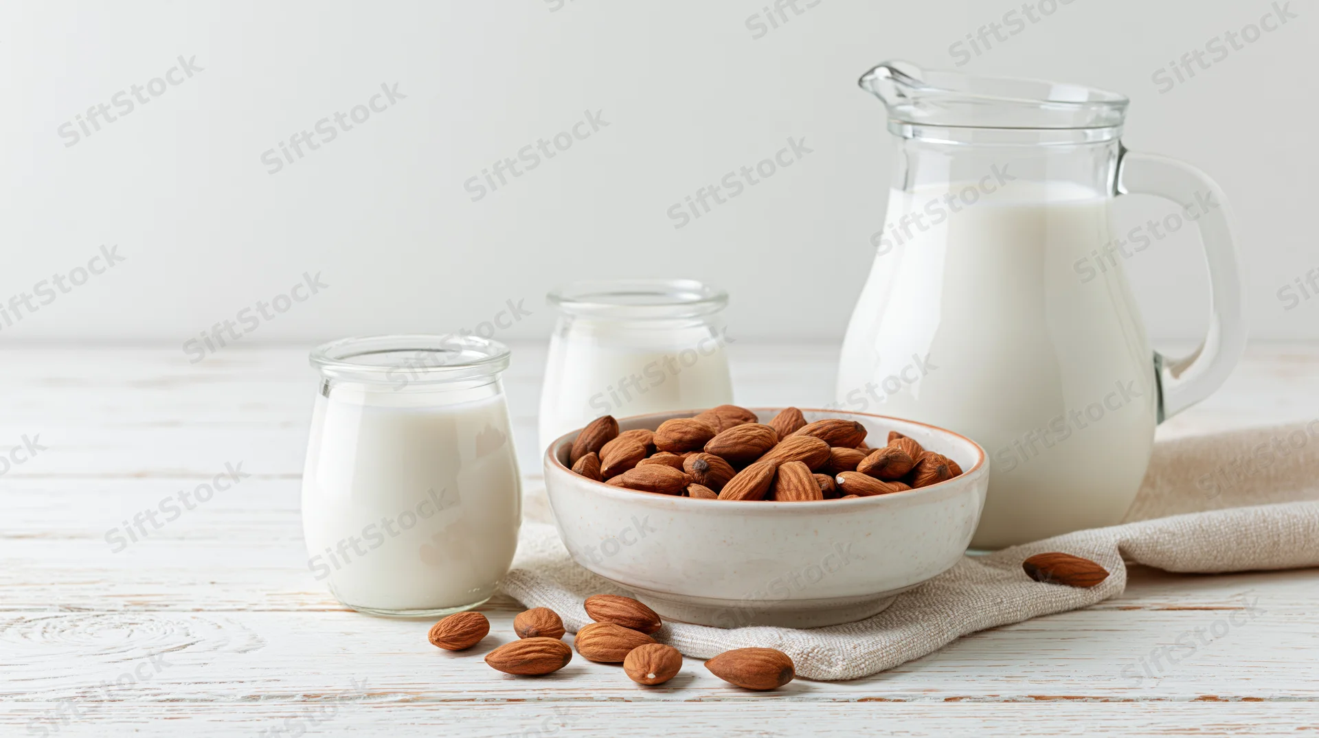 Almond milk in glass jars and pitcher beside a bowl of almonds on a white wooden table