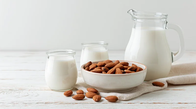 Almond milk in glass jars and pitcher beside a bowl of almonds on a white wooden table