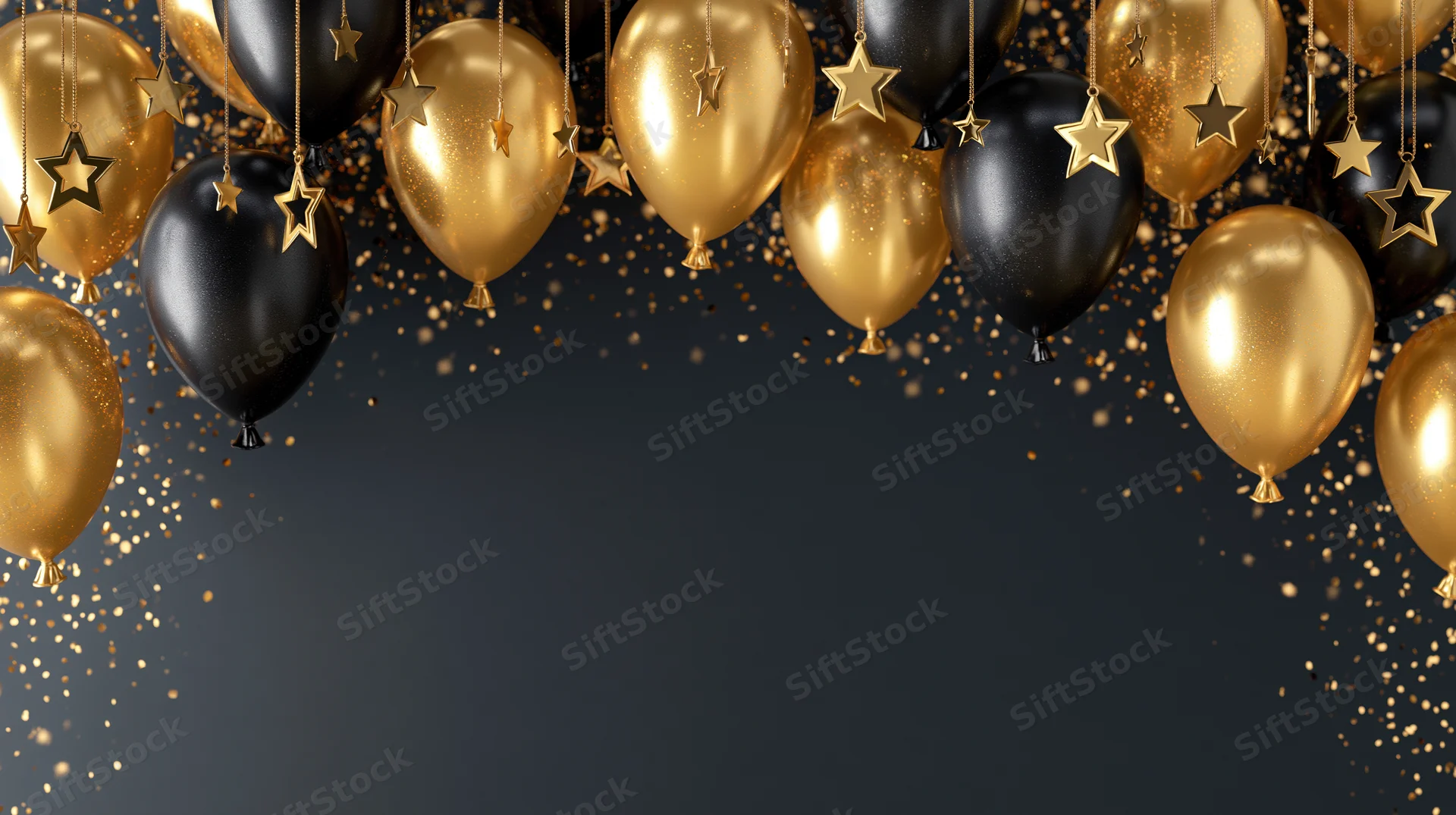 Gold and black balloons with hanging stars and confetti against a dark background with copyspace