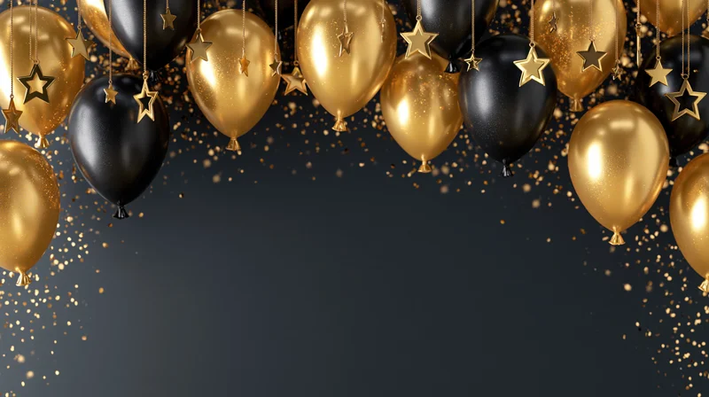 Gold and black balloons with hanging stars and confetti against a dark background with copyspace