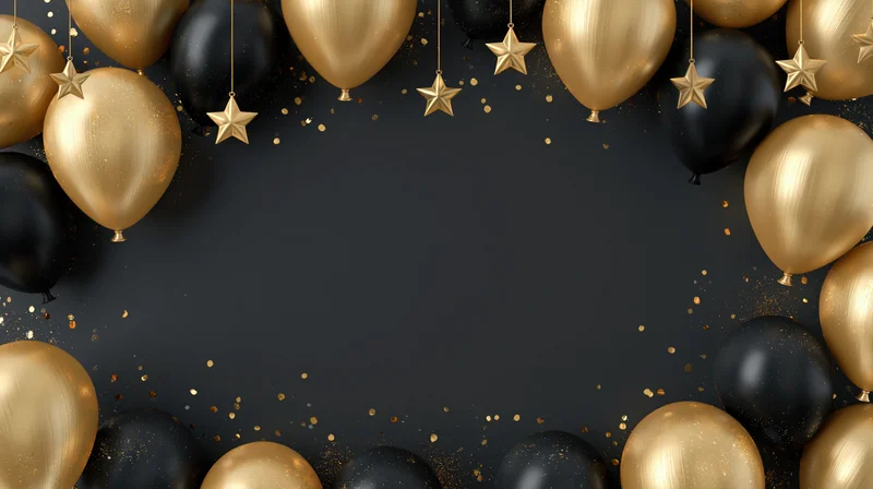 Gold and black balloons with stars and confetti arranged in a frame around a dark background with copyspace