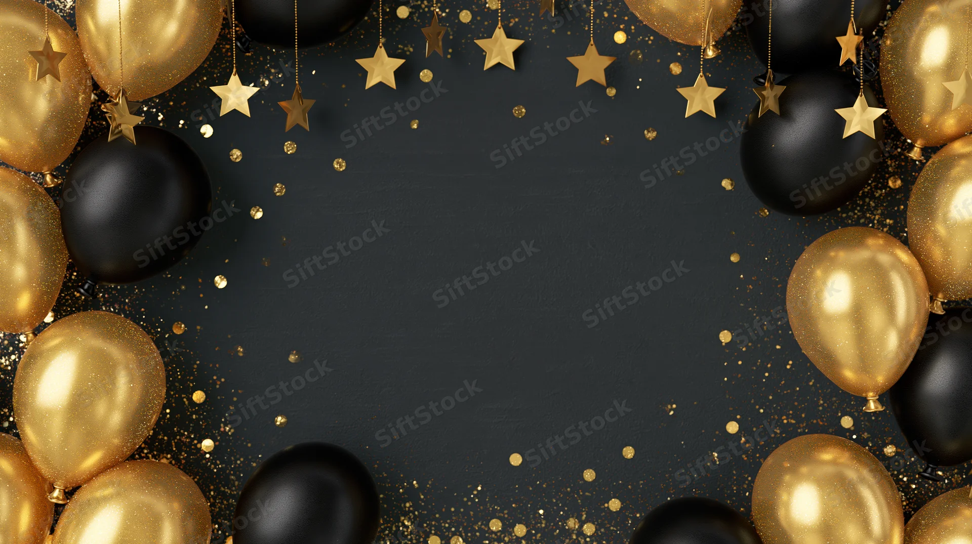 Gold and black balloons with stars and glitter arranged in a circular frame around a dark background with copyspace