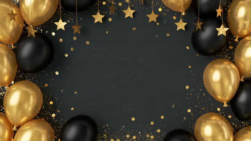 Gold and black balloons with stars and glitter arranged in a circular frame around a dark background with copyspace