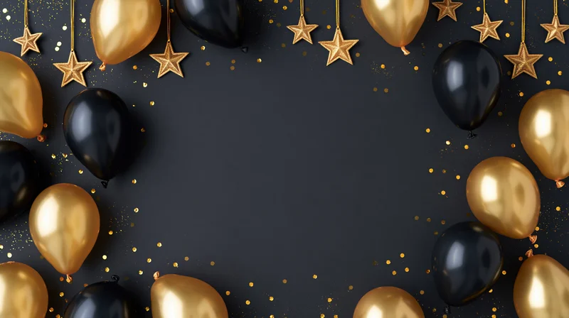 Gold and black balloons with stars and confetti arranged in a circular frame on dark background with central copyspace