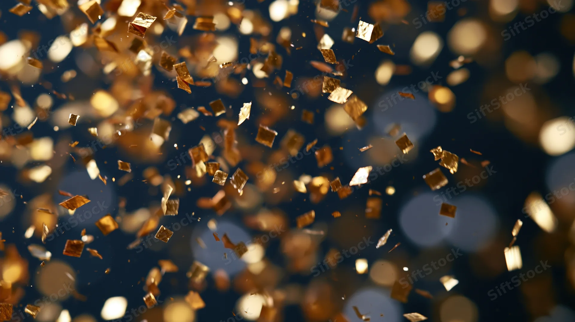 Golden confetti floating in dark space with bokeh lights