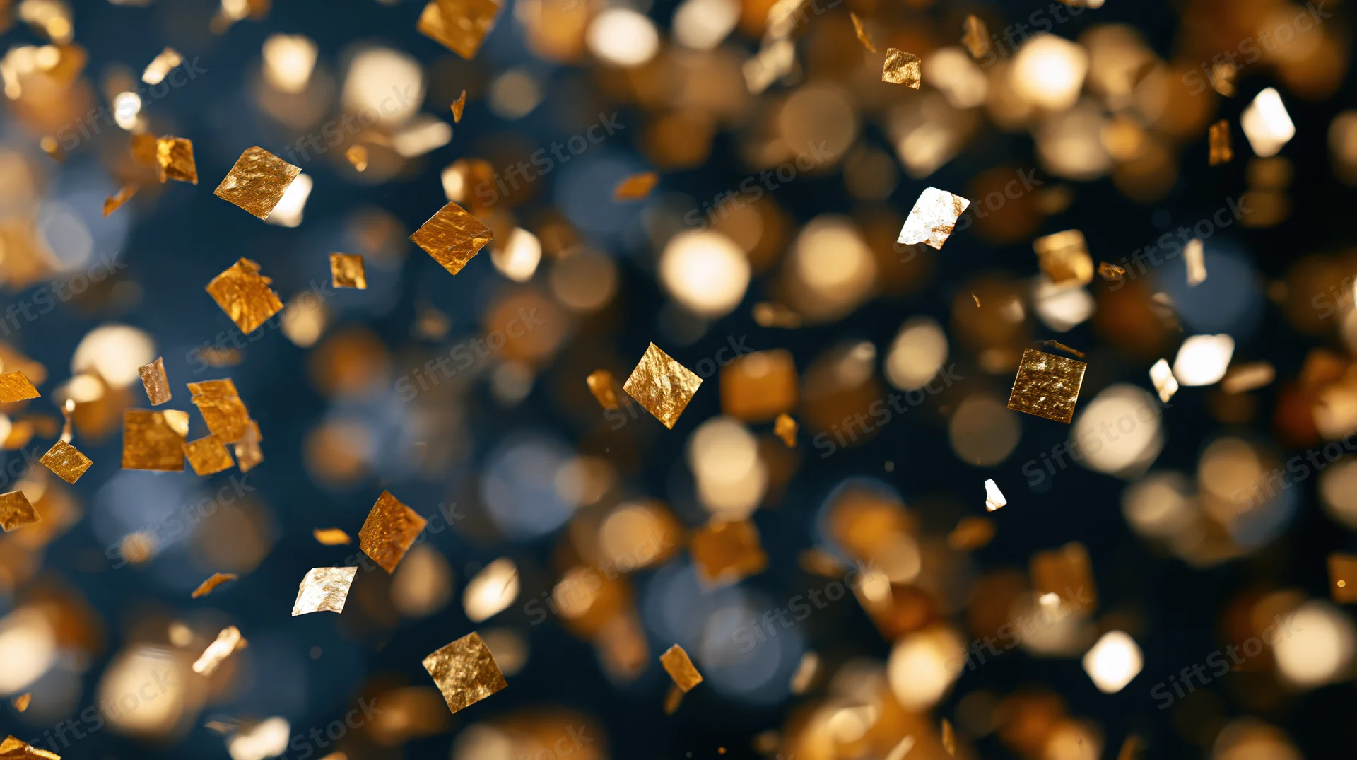 Golden confetti floating in the air against a dark background with bokeh lights