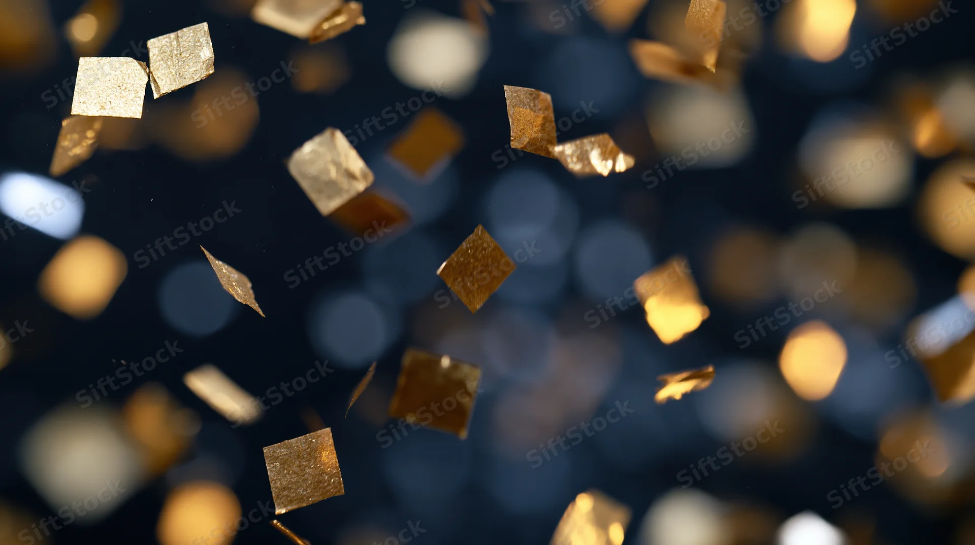 Gold confetti falling in front of a dark background with bokeh lights