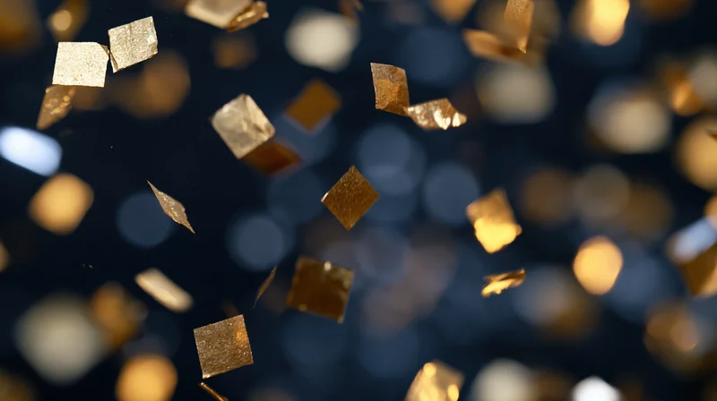 Gold confetti falling in front of a dark background with bokeh lights