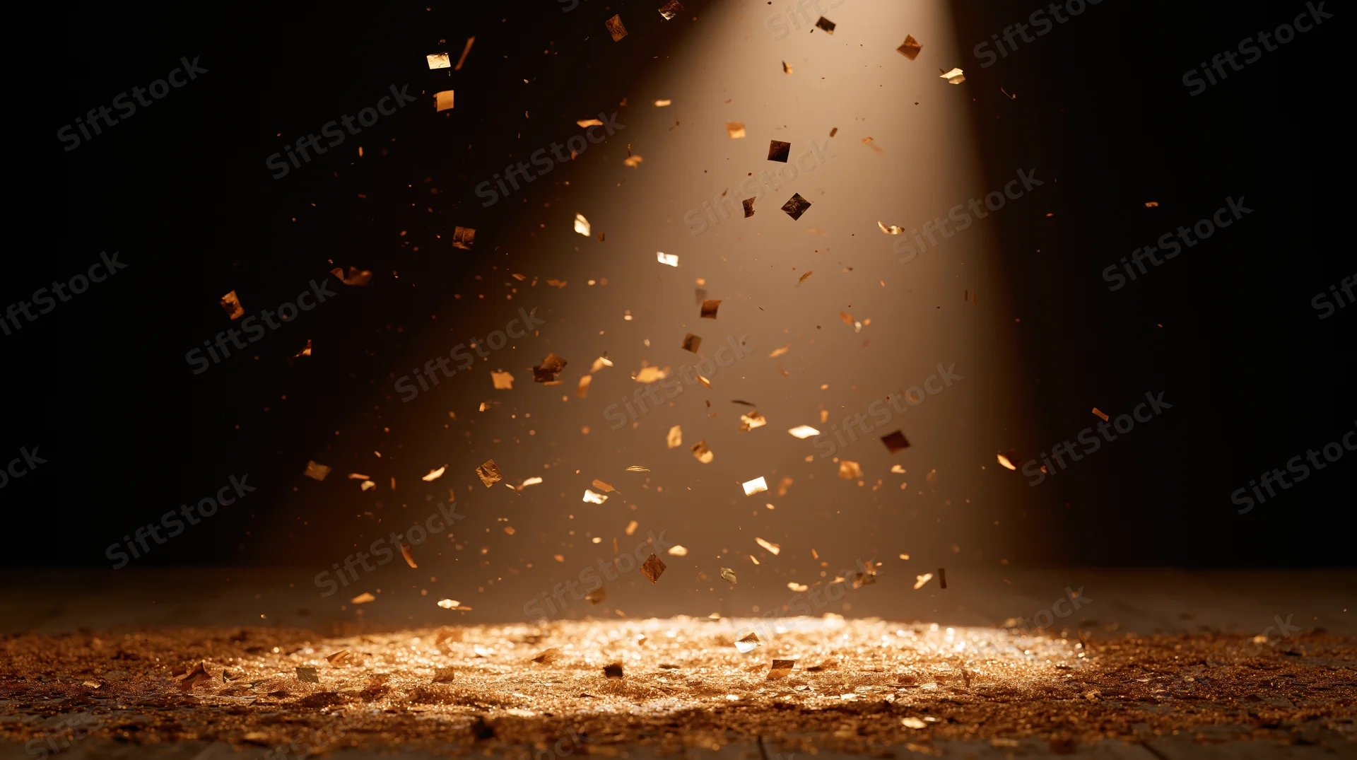 Golden confetti floating in a spotlight beam over a wooden floor in a dark room