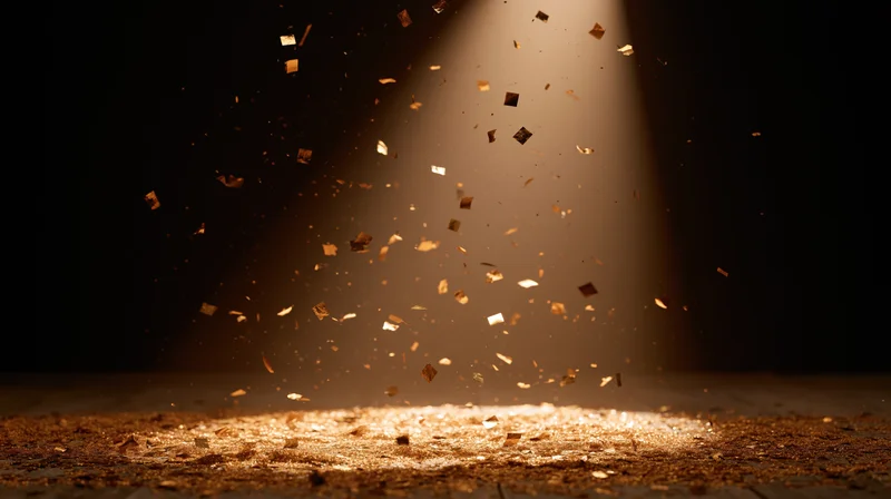 Golden confetti floating in a spotlight beam over a wooden floor in a dark room