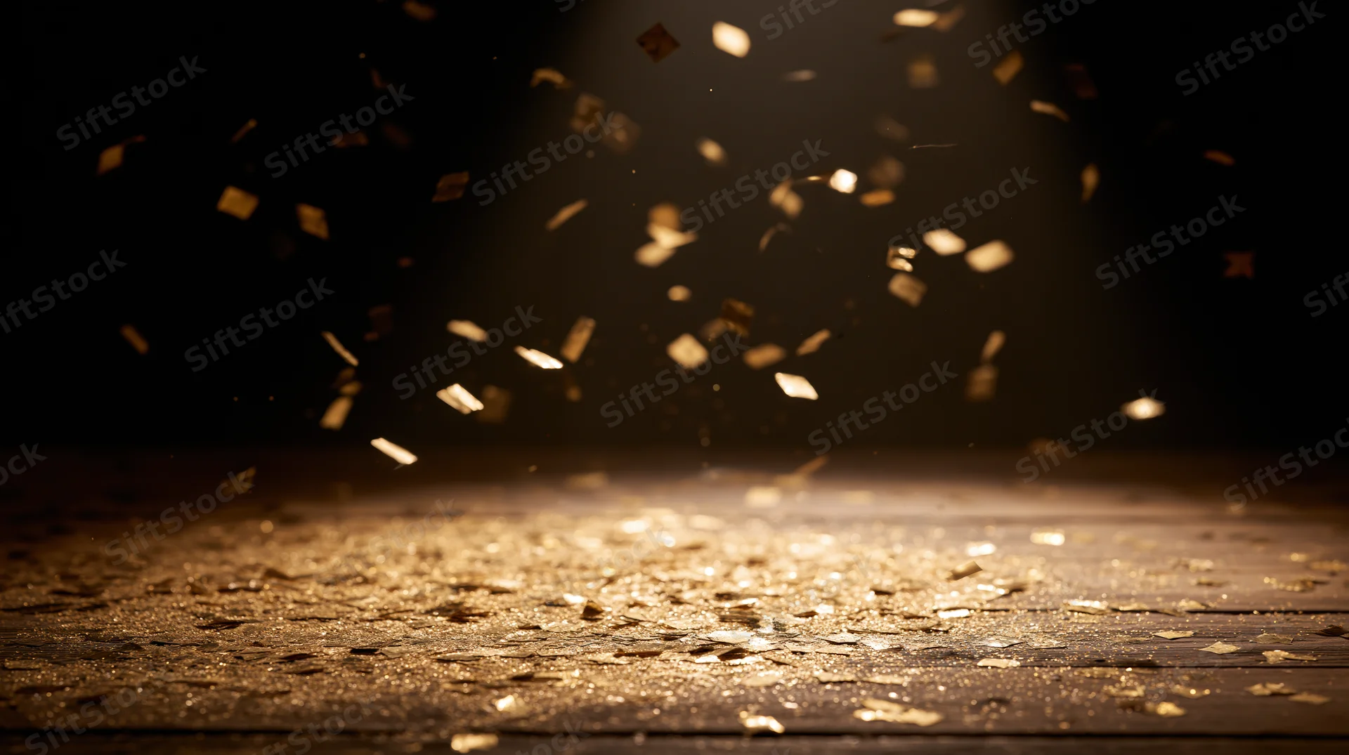 Golden confetti falling and sparkling on a wooden floor under spotlight in a dark room