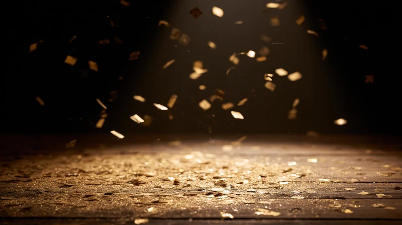 Golden confetti falling and sparkling on a wooden floor under spotlight in a dark room