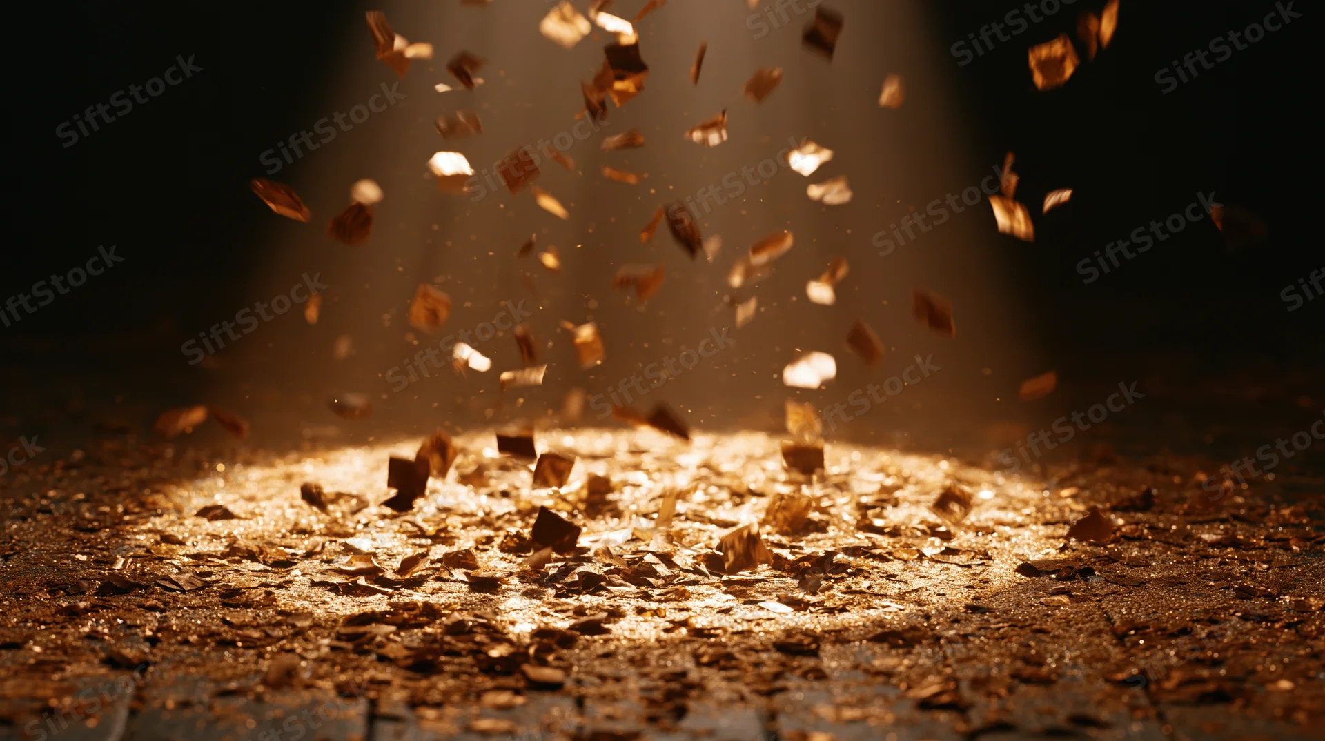 Golden confetti falling in a spotlight on a dark floor