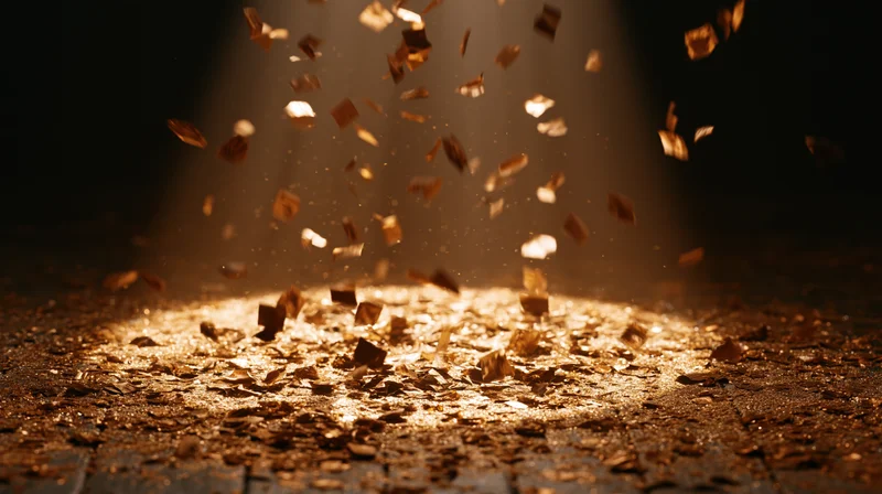 Golden confetti falling in a spotlight on a dark floor