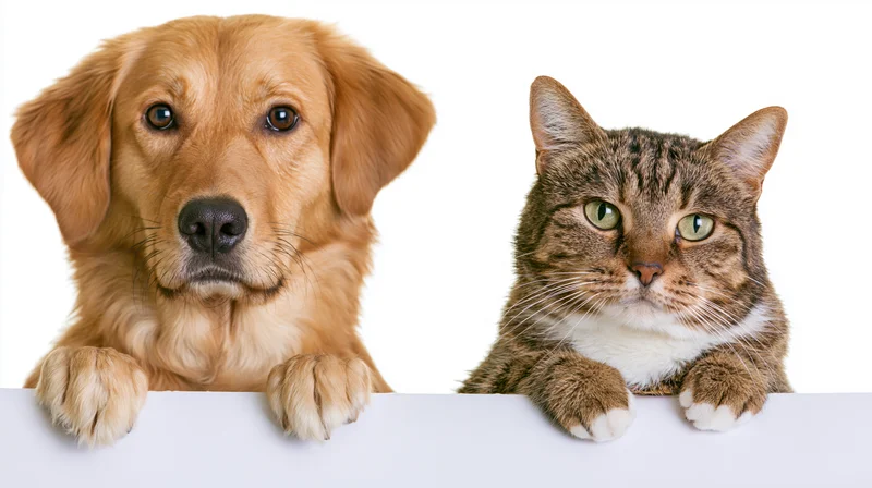 Golden retriever and tabby cat peeking over white surface in studio portrait