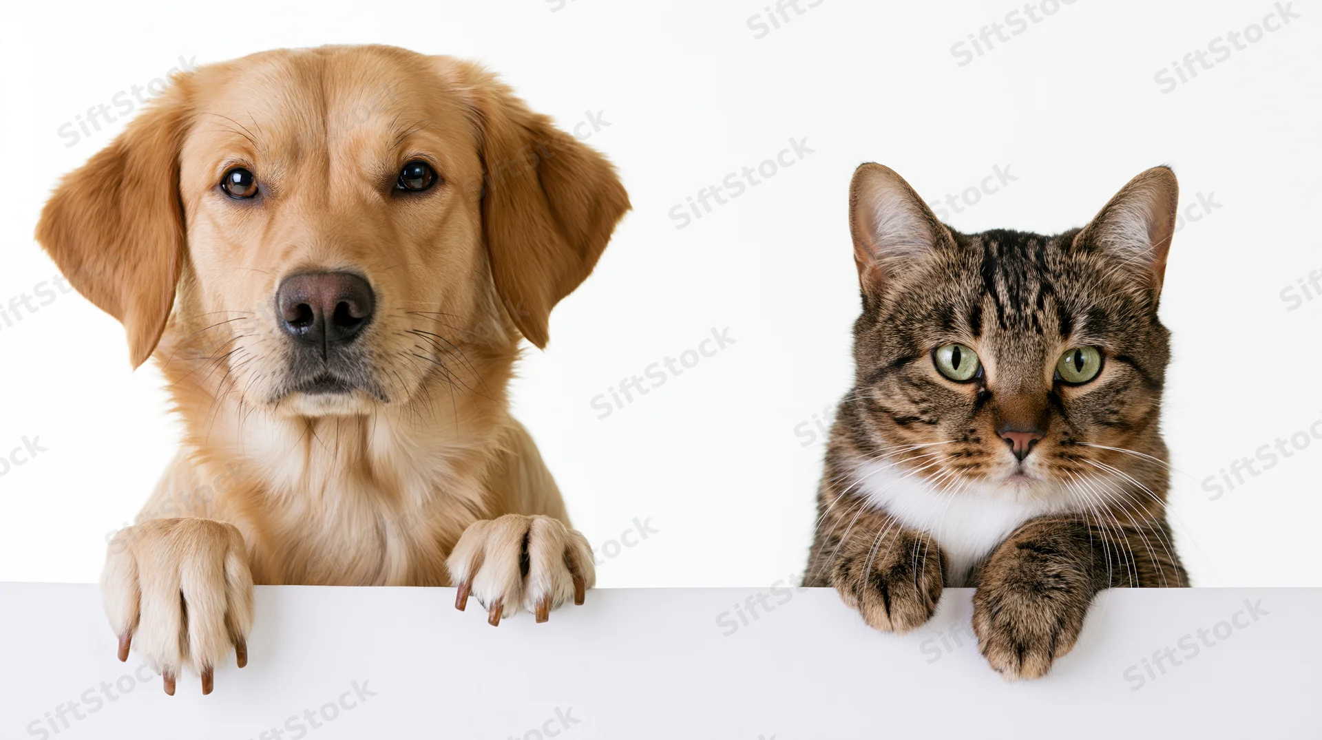 Golden retriever puppy and tabby kitten peeking over white surface in studio setting