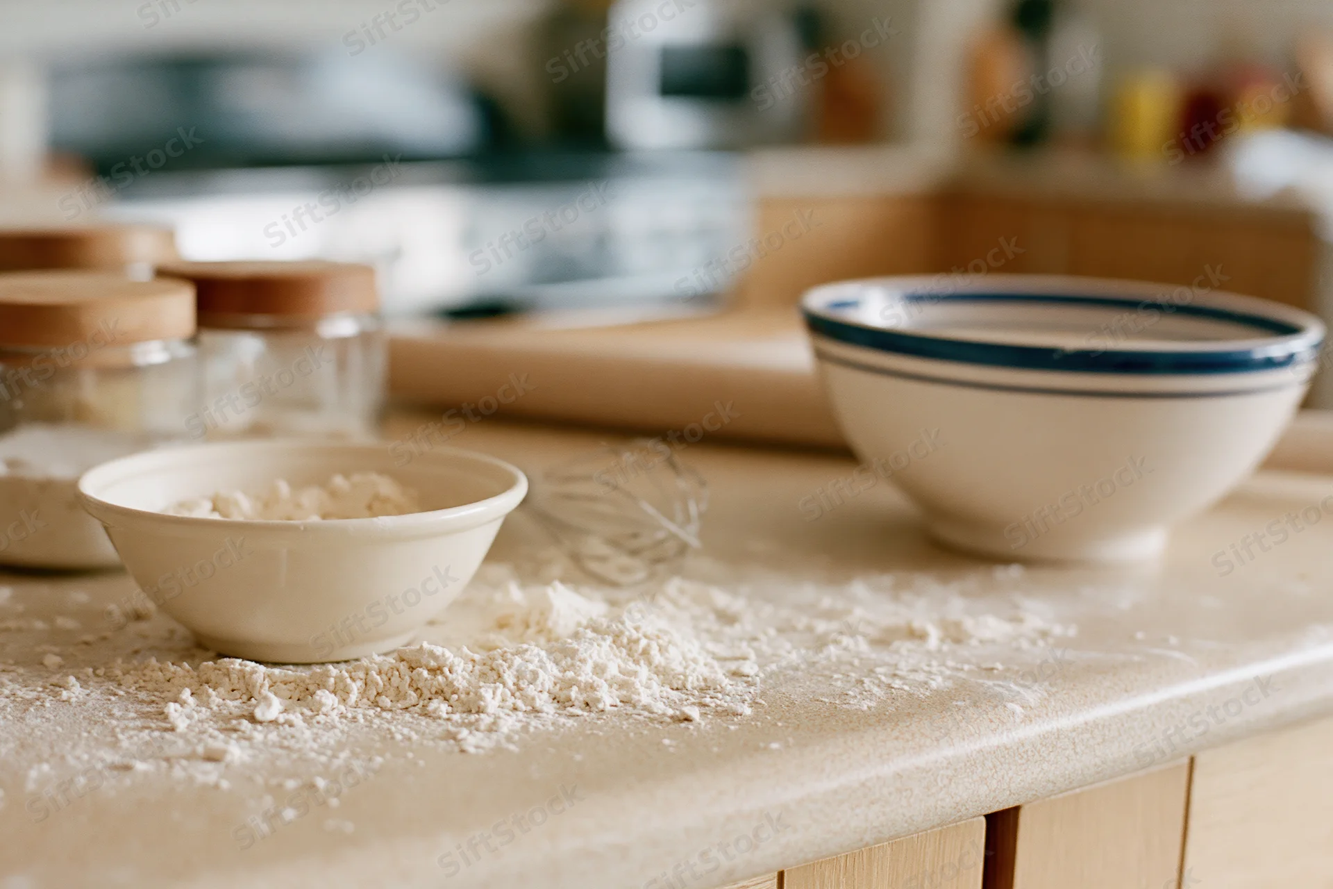 Flour scattered on a kitchen countertop with bowls and jars for baking preparation