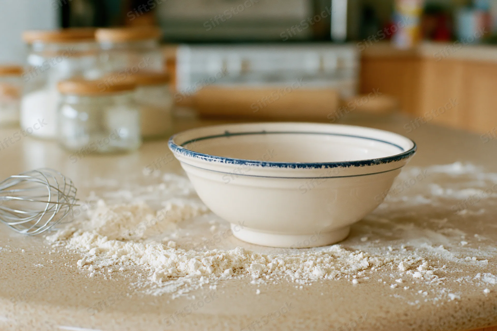 White ceramic bowl with blue rim on floured countertop in kitchen with baking tools and jars in background