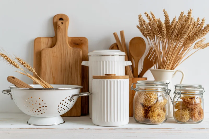 Kitchen utensils and food storage arranged on a white countertop with wheat stalks and pasta in jars