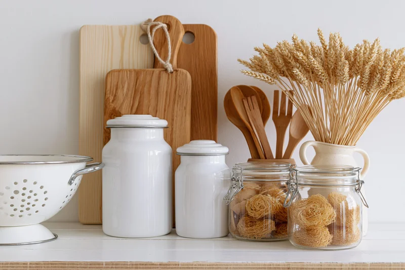 Kitchen countertop with wooden cutting boards, white enamel jars, glass jars holding dried noodles, and wheat stalks in a ceramic vase