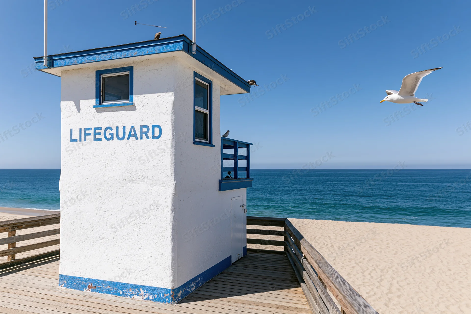 Lifeguard tower on wooden deck overlooking ocean with seagull flying nearby