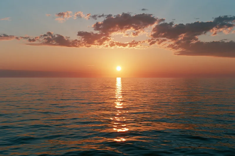 Sunset over calm ocean with sun reflecting on water at horizon